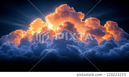 Dramatic sunset illuminating storm clouds with golden light rays breaking through, showcasing natural atmospheric phenomenon 128223255