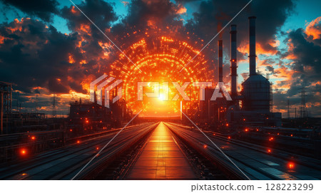 Industrial complex with digital portal illuminating railway tracks at sunset. Futuristic technology integration with traditional infrastructure 128223299