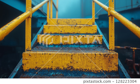 Industrial staircase with yellow safety railings against blue background showing workplace safety and access infrastructure concept 128223304