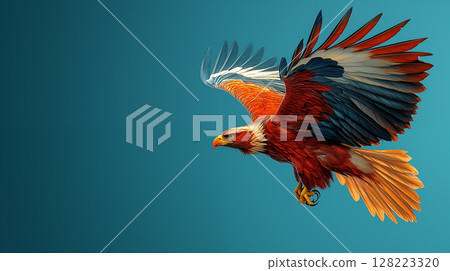Majestic eagle soaring with spread wings against turquoise sky, showcasing detailed feathers and powerful flight pose 128223320