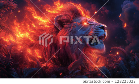 Majestic lion emerging from flames against dark background, showcasing power and strength through digital art with mystical fire effects Majestic lion emerging from flames against dark background, showcasing power and strength through digital art with mystical fire effects 128223322