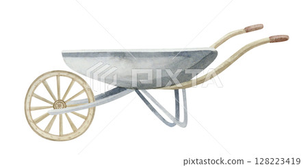 Gray metal farm wheelbarrow watercolor illustration isolated on white. Empty garden cart with wooden wheel simple hand drawn clip art for village and gardening designs 128223419