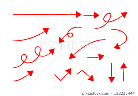 Hand-drawn red arrow set / vector material for emphasis and attention 128223444