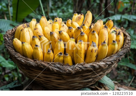 Wicker basket brimming with freshly picked yellow bananas in a lush tropical setting 128223510