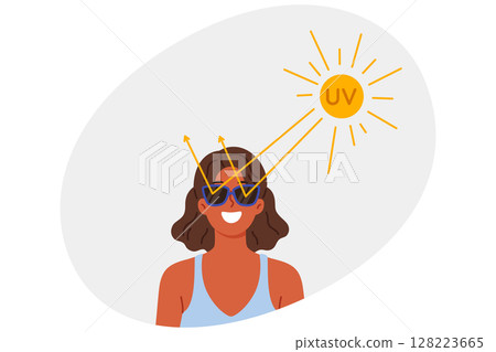 Woman uses sunglasses to protect eyes from ultraviolet radiation and avoid damage to retina 128223665
