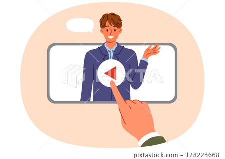Business coach on phone screen with application for viewing training webinar for freelancers 128223668