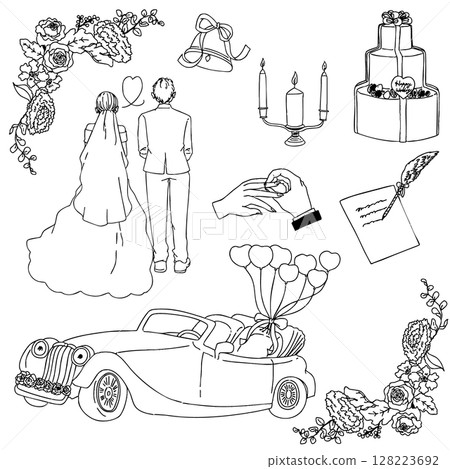 穿著婚紗和鞋子、包包等配件的女人的可愛圖標 128223692