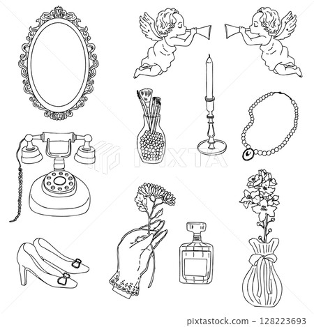 Illustration of stylish perfume bottles and accessories, icon set, antique, retro, label design 128223693