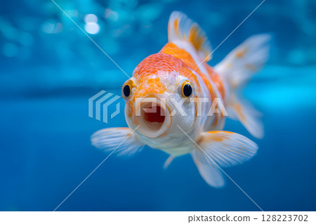 特寫：一隻金魚在水下張開嘴，露出驚訝的表情 128223702