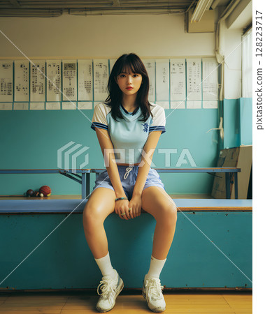 穿著運動服的女學生坐在體育館裡 穿著運動服的女學生坐在體育館裡 128223717