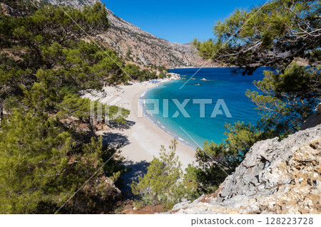 Apella beach framed by pine trees on karpathos island, greece, during a sunny summer day Apella beach framed by pine trees on karpathos island, greece, during a sunny summer day 128223728