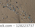 Microplastics polluting sand on the beach, environmental disaster 128223737