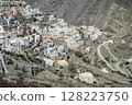 Picturesque greek Olympos village sprawling across mountainside on sunny day 128223750