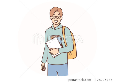 Young guy student with books and backpack is preparing for hike from campus to college or university 128223777