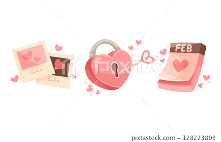 Valentines Day Love Symbols The Heart, the Lock, and the Calendar represent love strongly 128223803