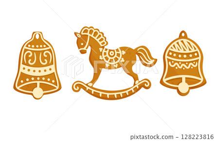 Beautiful Vintage Christmas Ornaments Featuring a Charming Bells and Rocking Horse Design Beautiful Vintage Christmas Ornaments Featuring a Charming Bells and Rocking Horse Design 128223816