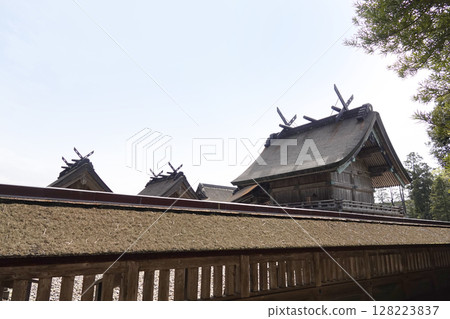 Izumo Taisha Shrine: Main hall seen from the north, sub-shrines, roof and gable decorations (chigi, katsuogi) 128223837