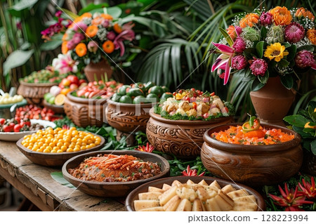 Tropical Table With Festive Food 128223994