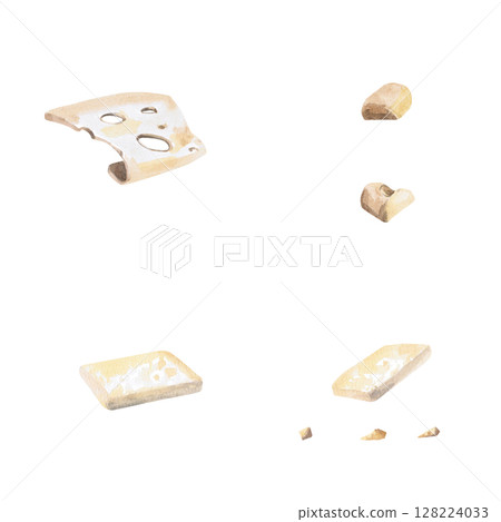 Set of different pieces of cheese. Isolated watercolor illustration for decorating farm shop windows, packaging, restaurant menus, cookbooks. 128224033