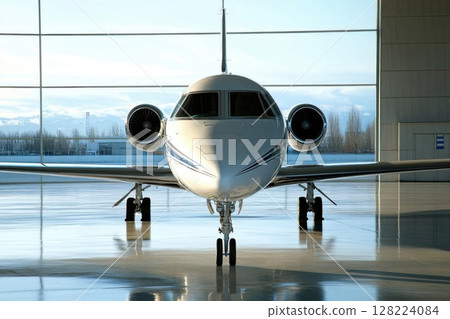 Front view of Private Jet on ground at hangar waiting for flight 128224084