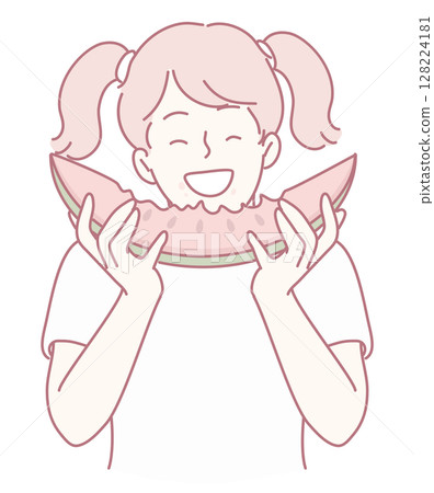 A Joyful Girl Happily Enjoying a Refreshing Watermelon Slice Under the Warm Sun Light A Joyful Girl Happily Enjoying a Refreshing Watermelon Slice Under the Warm Sun Light 128224181