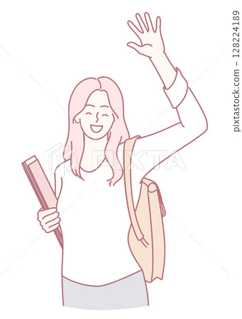 A cheerful student waves with her backpack of books, showing enthusiasm for learning and friendship 128224189