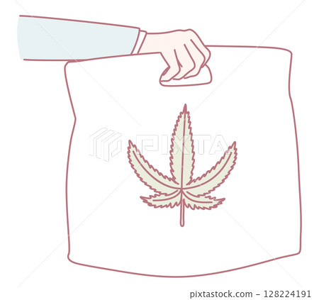 Illustration of a Hand Holding a Cannabis Leaf Bag Featuring Unique Design Elements 128224191