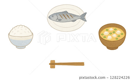 A dinner table with rice, miso soup, and grilled fish - Illustration set (crayon) 128224226