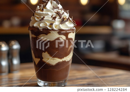 Delicious chocolate and vanilla ice cream dessert with whipped cream and chocolate chips 128224284