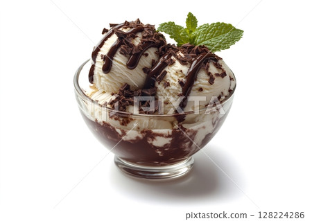 Vanilla ice cream with chocolate sauce and mint on white background 128224286