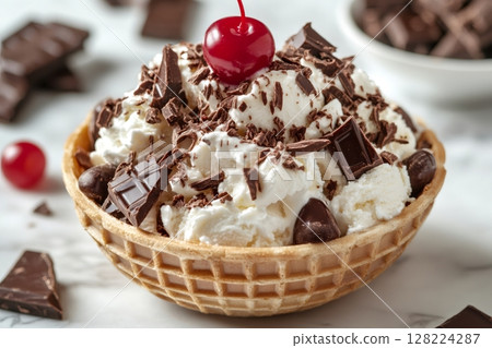Vanilla ice cream with chocolate chunks and shavings, decorated with maraschino cherry, served in waffle bowl 128224287