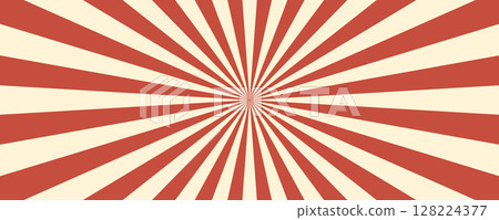 Circus vintage tent background. Retro sun rays pattern. Vintage starburst poster. Star burst radial lines texture. Red stripes. Circus, carnival, summer fair backdrop. Vector illustration 128224377