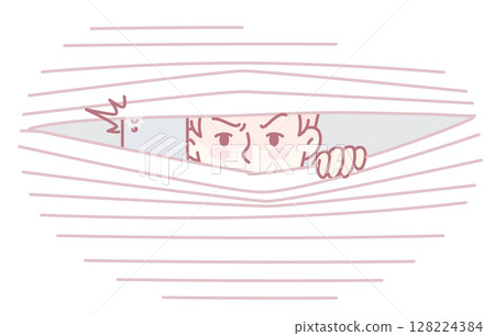 A curious boy is peeking playfully through colorful curtains, filled with wonder and mischief 128224384