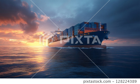 Large container ship sailing on the open ocean at sunset 128224389