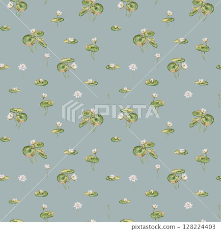 Seamless watercolor pattern featuring delicate white water lilies with green leaves. Hand-drawn lotus flowers on an isolated background, perfect for textiles and wrapping paper. Seamless watercolor pattern featuring delicate white water lilies with green leaves. Hand-drawn lotus flowers on an isolated background, perfect for textiles and wrapping paper. 128224403
