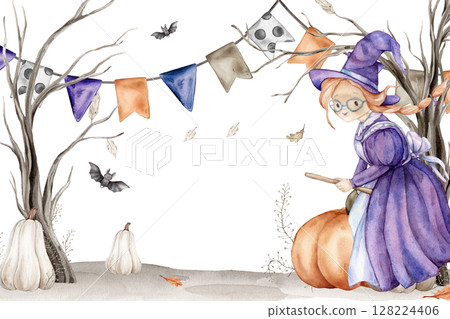 Halloween Banner watercolor illustration with cute witch with red hair on a broomstick. Drawing of autumn frame with garlands and trees on isolated background. Border with pumpkin and fall leaves 128224406