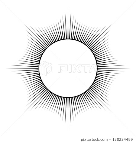 Sun with halo, a solar disk symbol. White circle representing the sun, surrounded by sunbeams that radiate outwards in eight cardinal directions, evoking the optical illusion of an illusory contour. Sun with halo, a solar disk symbol. White circle representing the sun, surrounded by sunbeams that radiate outwards in eight cardinal directions, evoking the optical illusion of an illusory contour. 128224499