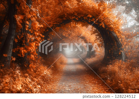 Magical autumn forest path leading to bright light 128224512