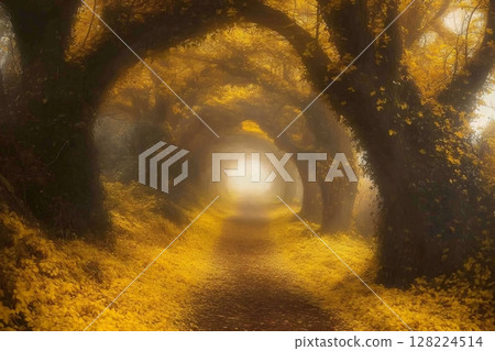 Golden autumn path leads into the light through a mystical forest tunnel 128224514