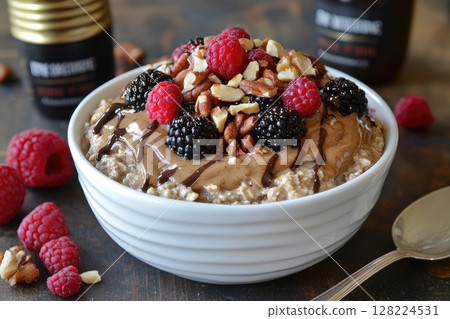 Oatmeal breakfast bowl topped with chocolate spread, raspberries, blackberries and pecan nuts 128224531