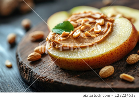 Sliced pear with peanut butter and peanuts topping on wooden cutting board 128224532