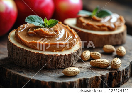 Peanut butter on wooden slices with mint and peanuts, accompanied by fresh apples 128224533
