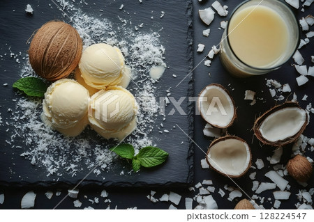 Coconut ice cream balls lying on slate plate with coconut milk and shavings 128224547