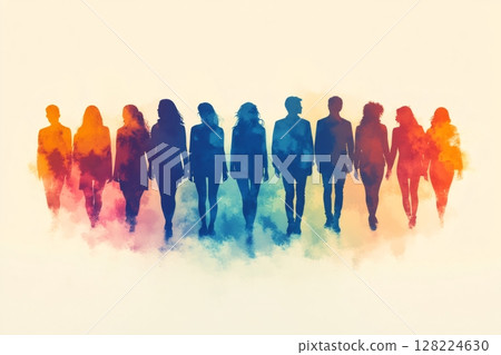 Diverse group of people walking forward together in unity 128224630
