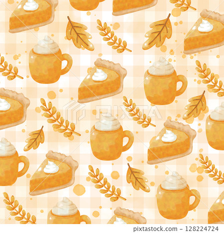 Hello Autumn Watercolor Clipart Set with Leaves, Pumpkin, Coffee, and Scarf 128224724
