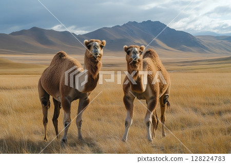 Two bactrian camels standing in the mongolian steppe 128224783