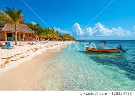 Tropical beach with turquoise water, motorboat and beach huts in the caribbean 128224787