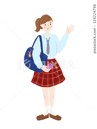 An illustration of a high school girl in uniform waving while holding a smartphone 128224798