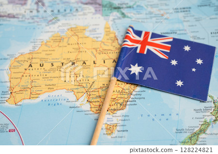 Bangkok, Thailand January 20, 2022 Australia flag on world map, travel, geography, tourism and exploration. Bangkok, Thailand January 20, 2022 Australia flag on world map, travel, geography, tourism and exploration. 128224821