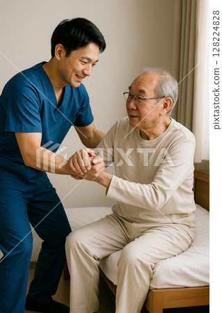 Caregiver helping an elderly man get out of bed 128224828